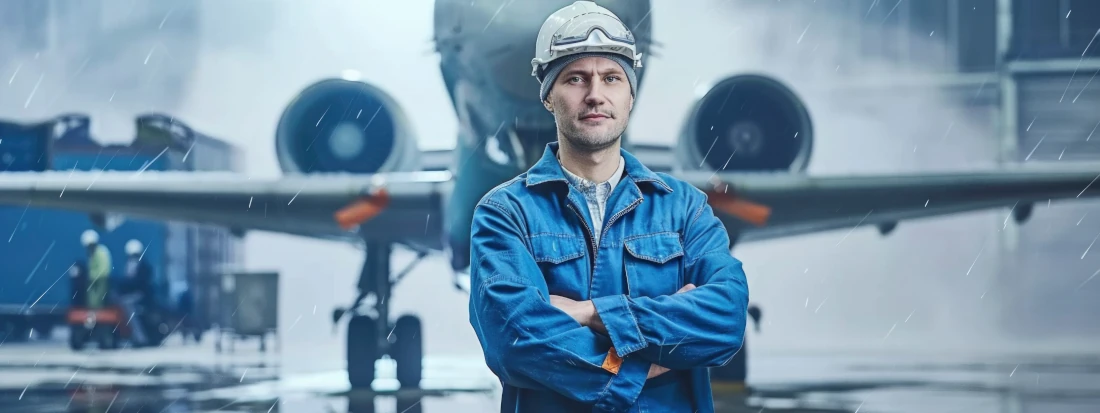 airplane mechanic in front of plane