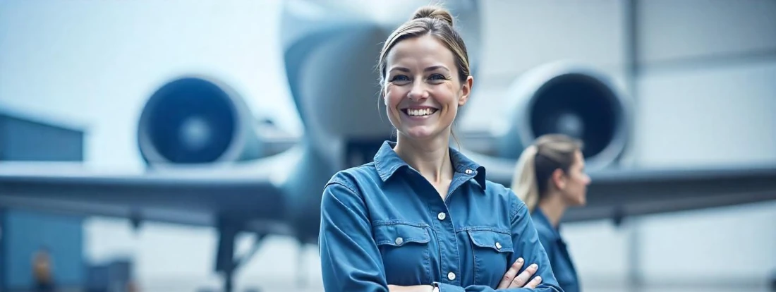 airplane mechanic woman in front of air craft