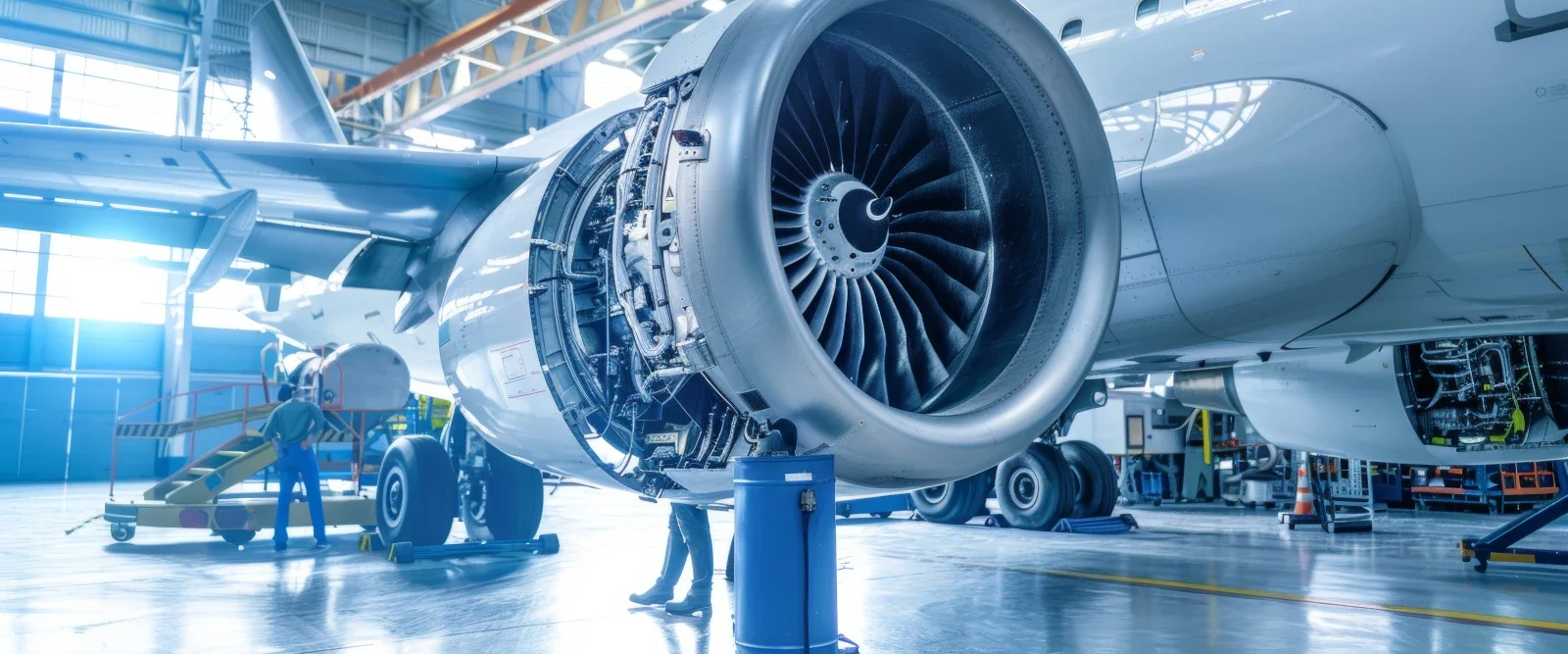 Commercial jet with an open engine cowling during maintenance in a hangar