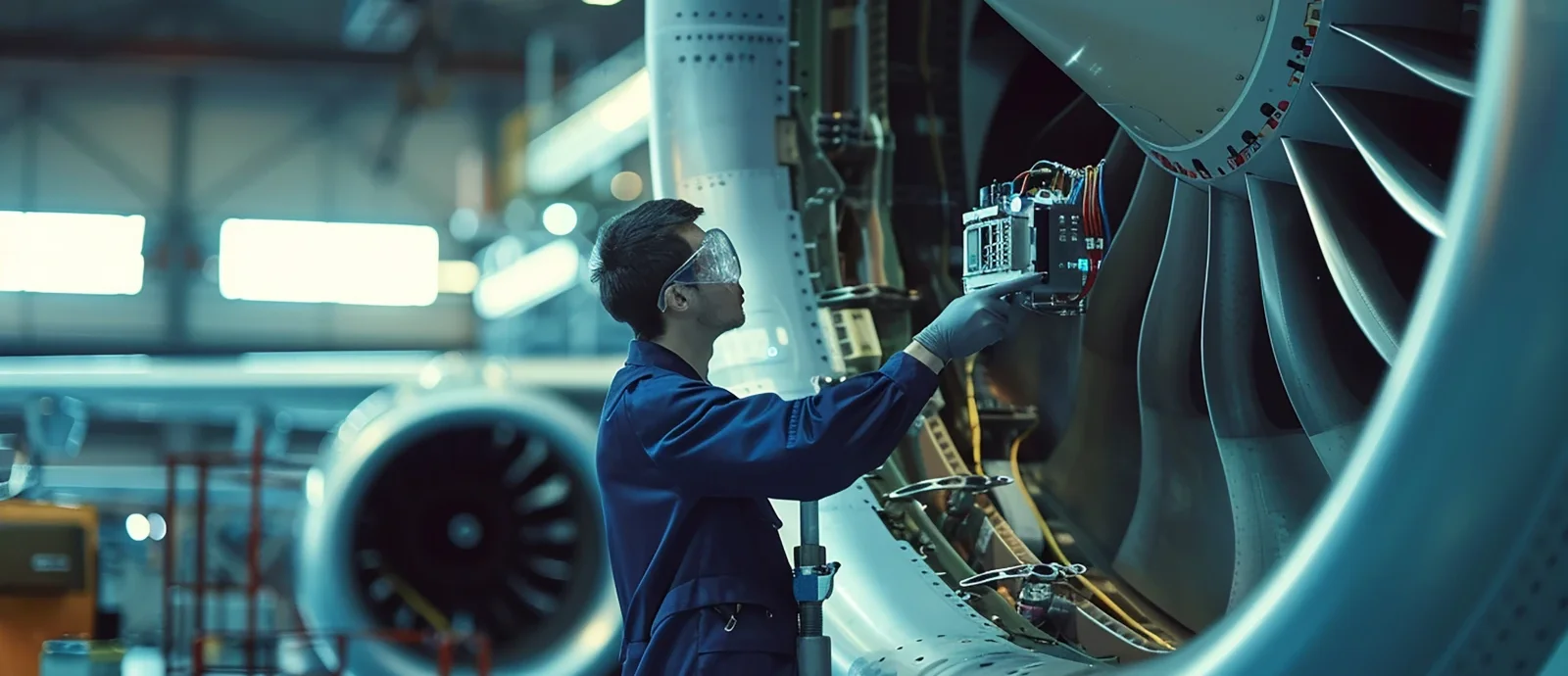 Aviation maintenance technician in safety glasses inspecting wiring on an open jet engine in a hangar