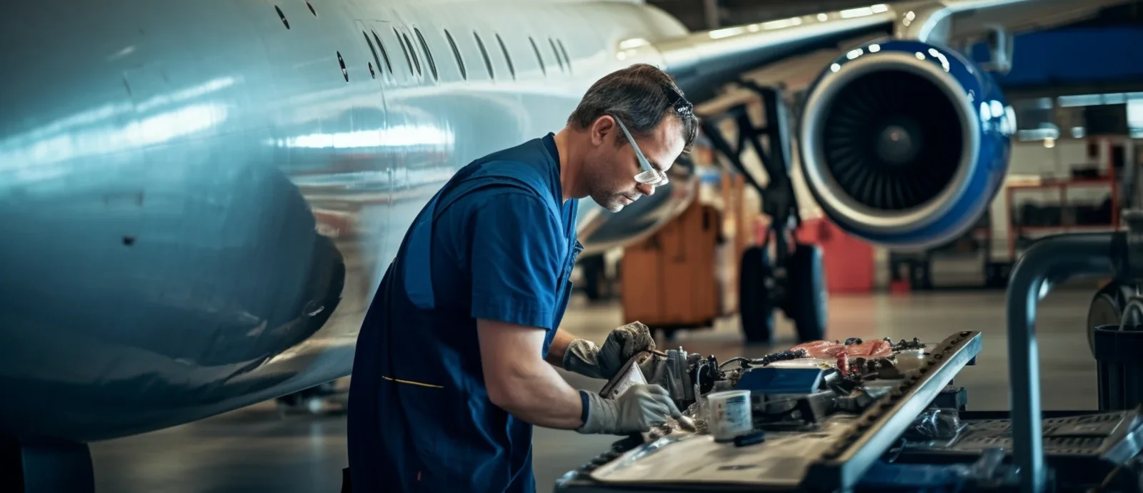 Aviation maintenance technician in safety glasses working on components at a workbench beside a jet in a hangar