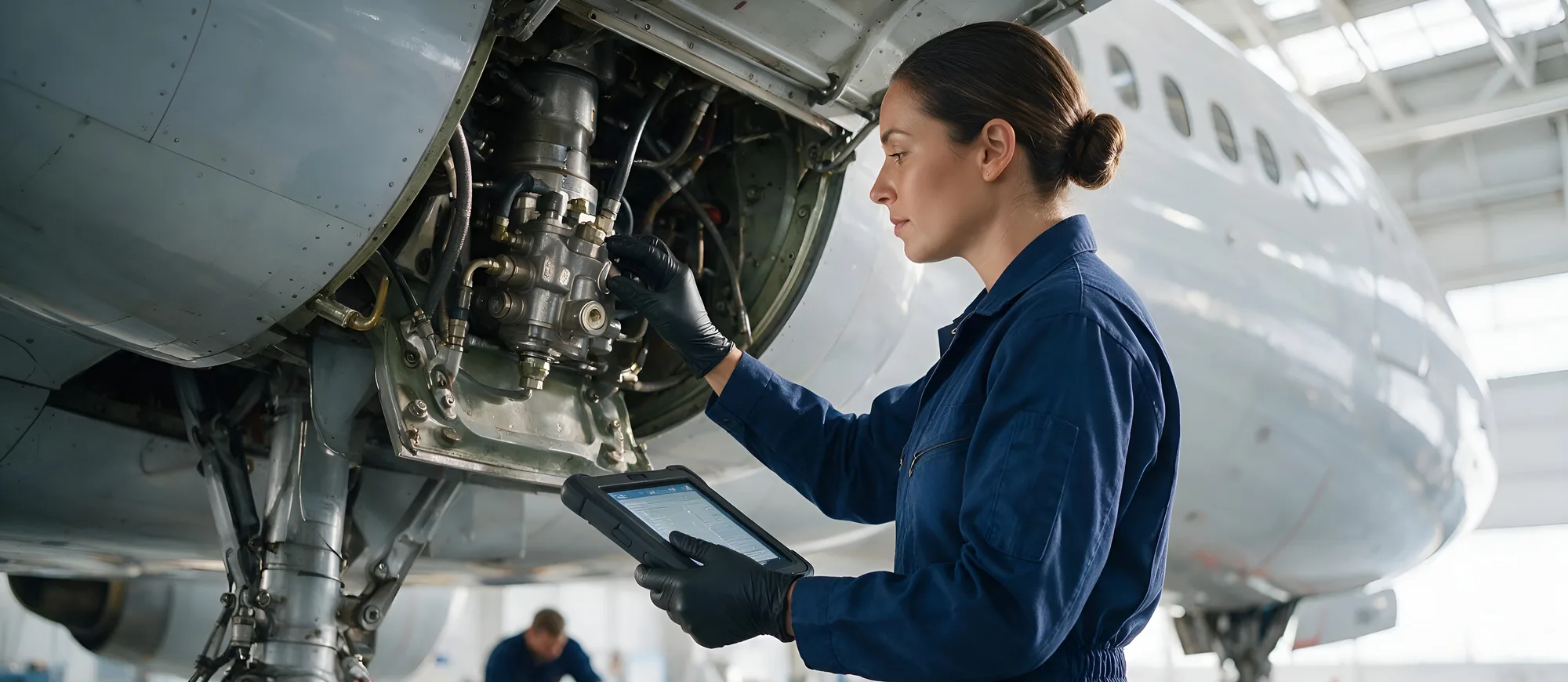 Aircraft mechanic in navy coveralls checking landing gear hydraulics against a tablet