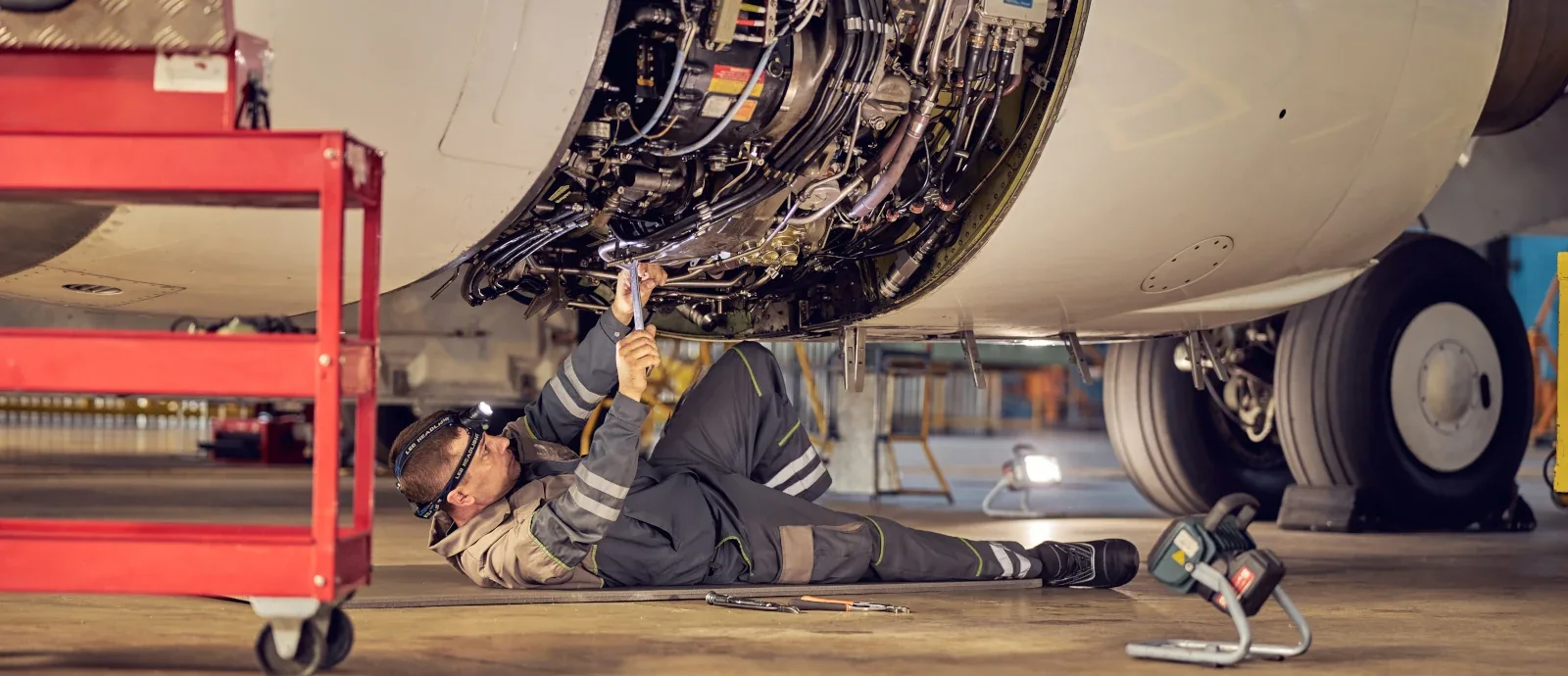 Aviation mechanic with a headlamp lying under an open jet engine, working on it with a wrench