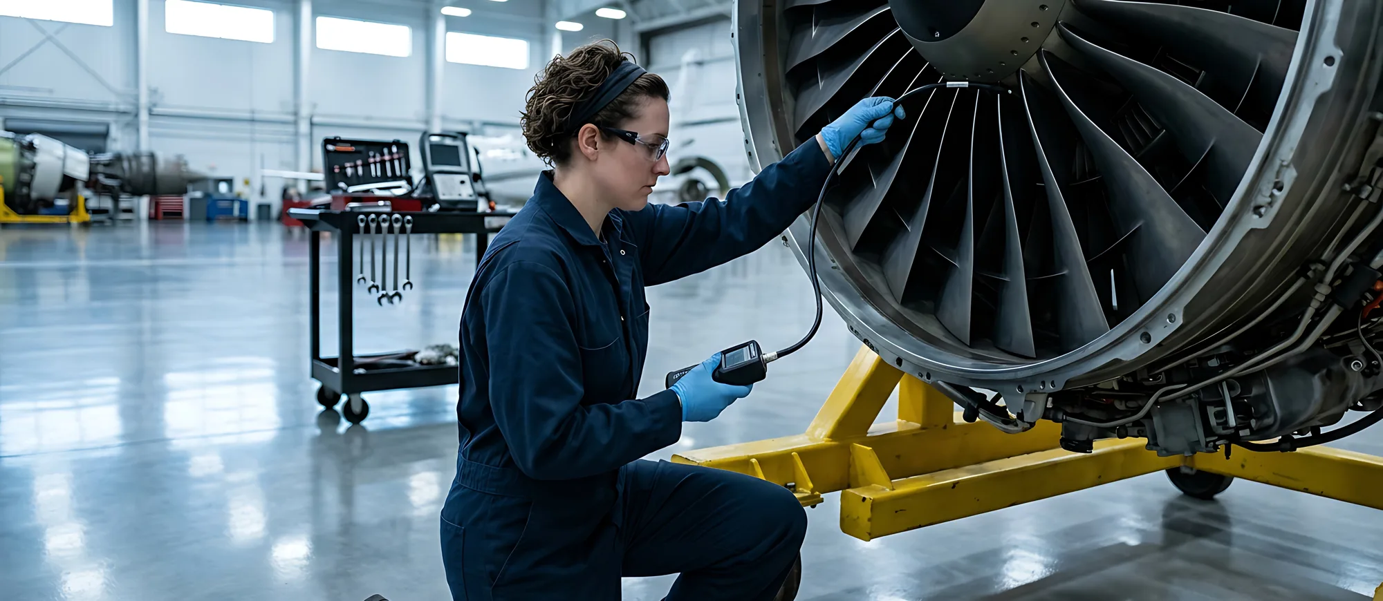 Aviation maintenance technician kneeling to inspect a jet engine on a yellow stand with a borescope in a bright hangar