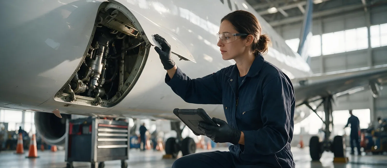 Aircraft mechanic in safety glasses and gloves inspecting an open engine access panel on a jet, holding a tablet